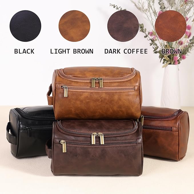 Toiletry Bag for Men, Hanging Travel Shaving Dopp Kit for Men and Women, Water-resistant Toiletries Organizer Bags, PU Leather Cosmetic Bags for Makeup Accessories (Dark Coffee)