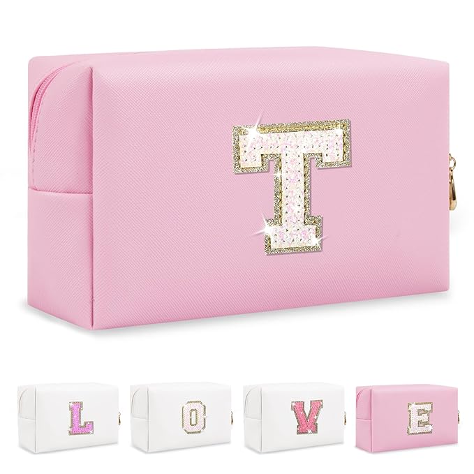 Small Personalized Initial A-Z Patch Makeup Bag,Pink Cute PU Leather Glitter Letter Cosmetic Bag for Teen Girls,Travel Toiletry Bag with Zipper,Preppy Monogrammed Birthday Gift for Daughter Niece T