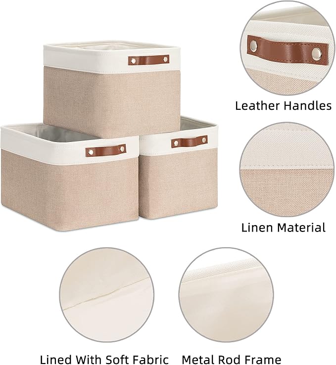 HNZIGE Fabric Storage Baskets for Shelves, Large Collapsible Storage Baskets for Organizing, Decorative Baskets Bins Set with Handles for Closet, Clothes,Home (3 Pack, White&Khaki,15" x 11" x 9.5")
