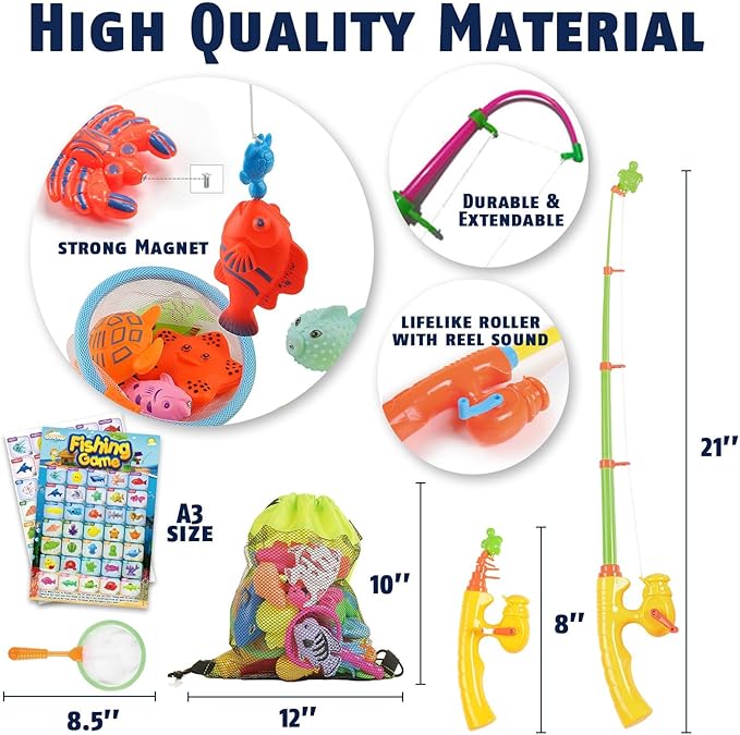 CozyBomB™ Magnetic Fishing Toys Game Set for Kids | Water Table Bathtub Kiddie Pool Party Pole Rod Net, Outdoor Plastic Floating Fish, Toddler Bath Color Ocean Sea Animals Birthday Gift Age 3-5 6 4-8