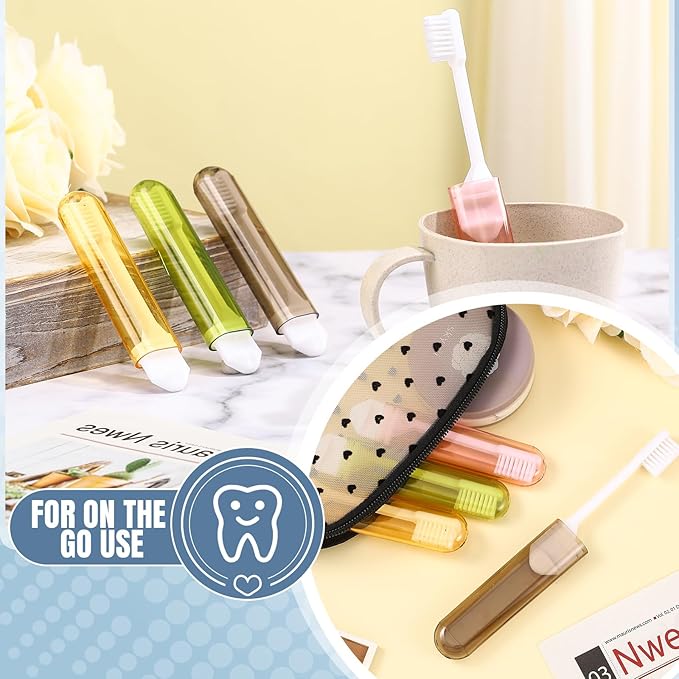 Patelai 4 Pcs Travel Toothbrush Set, Soft Bristle Mini Foldable Tooth Brush with Case, Individually Wrapped Small Portable Travel Size Toiletries Stuff for Camping (Mailard Color)