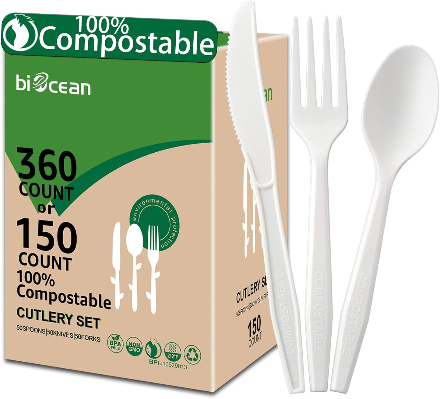 100% Compostable No Plastic Knives Forks Spoons Utensils, Heavyweight Heavy Duty Eco Friendly Flatware for Lounge Party Wedding BBQ Picnic Camping