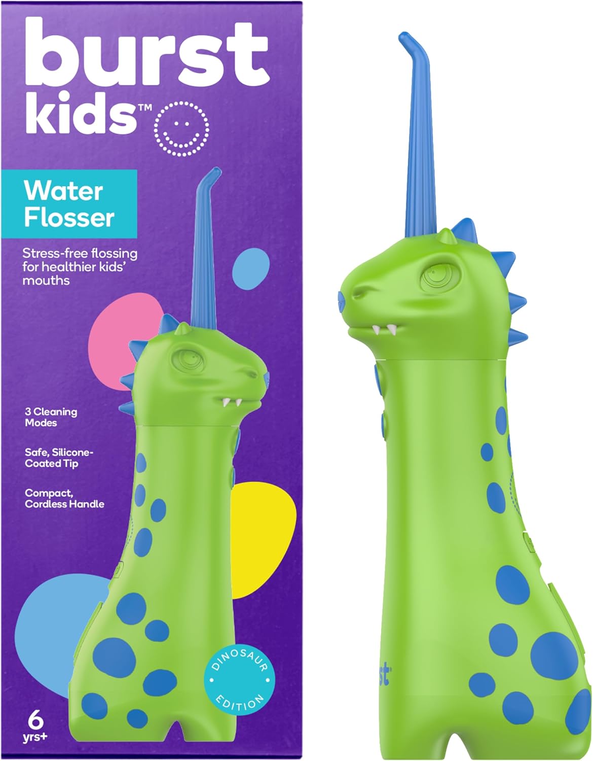 BURST Kids Water Flosser (Dinosaur) | Cordless & Rechargeable Water Flosser for Teeth | 3 Gentle Pressure Modes | Silicone Safety Tip | Braces-Friendly | Fun, Kid-Safe Design | 155mL Water Tank