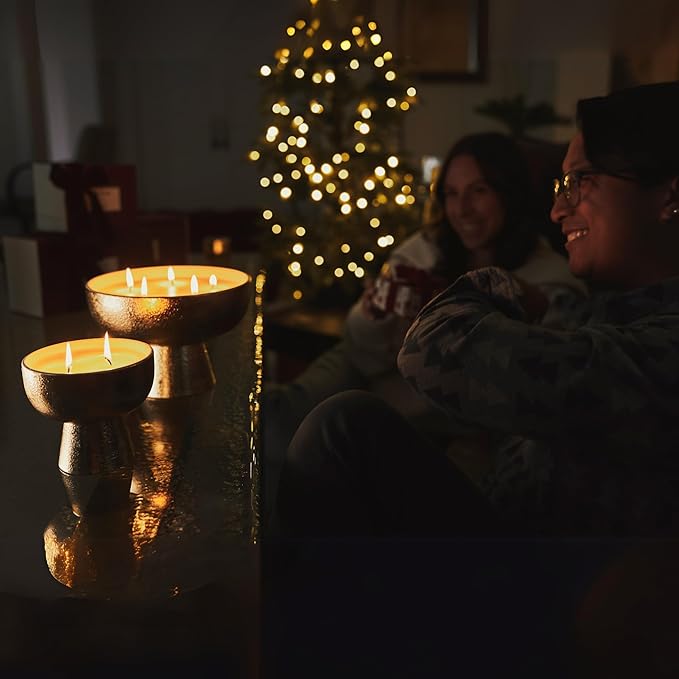 2025 Gold Holiday Candle | Festive - Noble Fir & Amber (Giant), Refillable Wellness, Essential Oil, Sustainable, Hand Finished and Poured, Premium, Luxury Ceramic, Natural Cotton Wick, Soy-Wax Blend