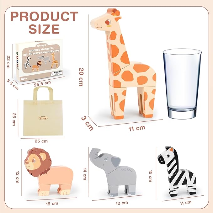 Joyreal Magnetic Mix or Match Jungle Animals Toy Play Set, 16 Pcs Mix and Match Connectable Wooden Building Blocks Play Set Toy for Fine Motor Montessori Game Preschool Educational Gift for Ages 1-5