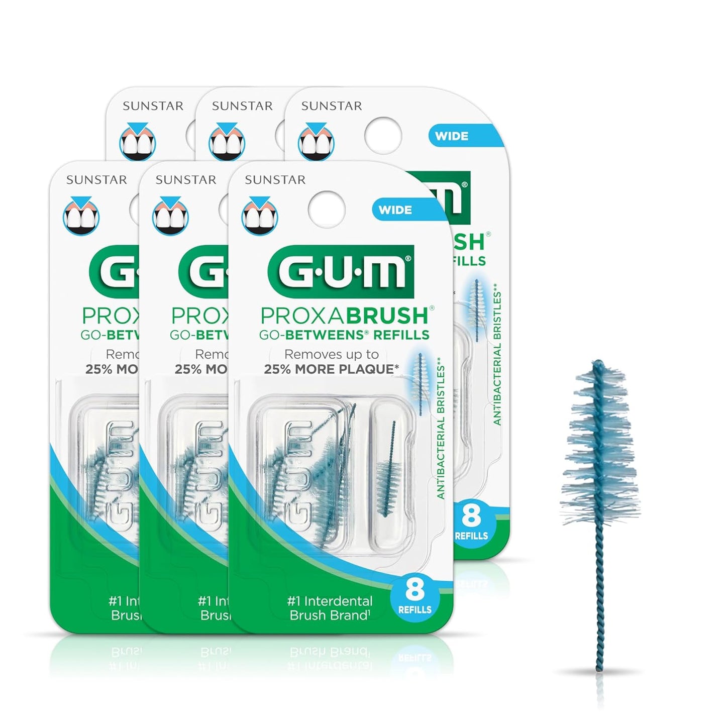 GUM Proxabrush Go-Betweens Refills - Wide - Compatible with GUM Permanent Handle - Reusable Interdental Brushes - Soft Bristled Dental Picks, 8 Count(Pack of 6)