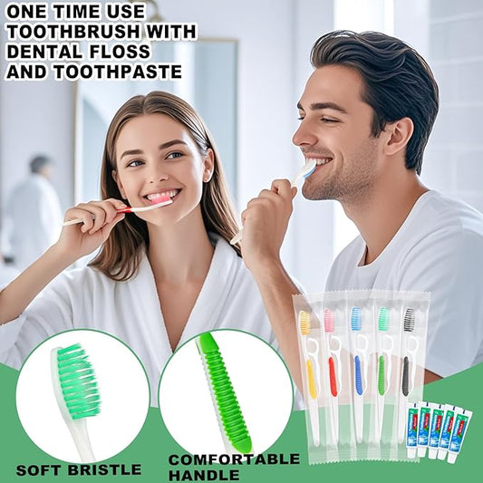 Disposable Toothbrushes with Toothpaste and Floss,10 Pcs 3 in 1 Individually Wrapped Single Use Travel Toothbrushes and Dental Floss Kit Bulk for Homeless,Guests,Dentist,Hotel(5 Colors)