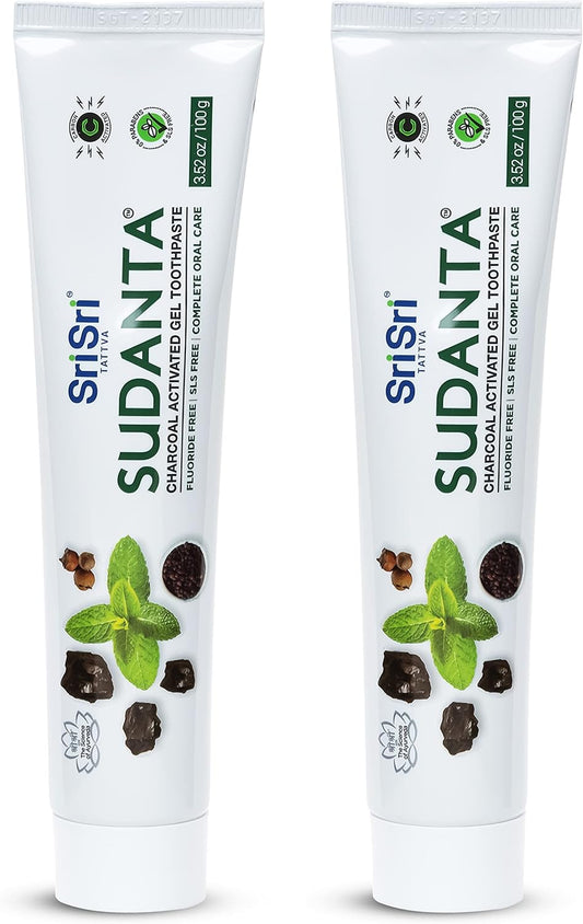 Sri Sri Tattva Sudanta Charcoal Toothpaste Gel – SLS, Fluoride Free Herbal Toothpaste with Neem & Ayurvedic Herbs – Natural Teeth Whitening, Fresh Breath, Oral & Gum Health – 100g Tube (Pack of 2)