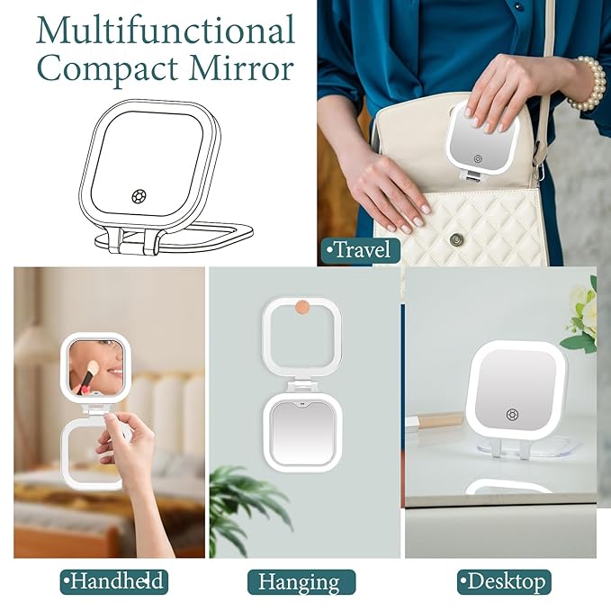 FUNTOUCH Compact Travel Mirror with Light, Rechargeable Double-Sided 1X10X Magnification with 3 Lights, Handheld Tabletop Portable Hanginig Mirror with Bag, Dimmable Touch Screen