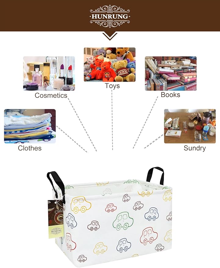 HUNRUNG Rectangle Storage Basket Cute Canvas Organizer Bin for Pet/Children Toys, Books, Clothes Perfect for Rooms/Playroom(REC-Car)