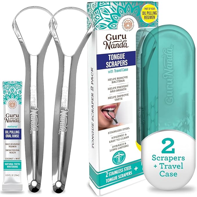 GuruNanda Tongue Scraper for Adults (2 Pack) with Travel Case, 420 Medical-Grade 100% Stainless Steel Tongue Cleaner, Aids in Fresh Breath & Oral Care