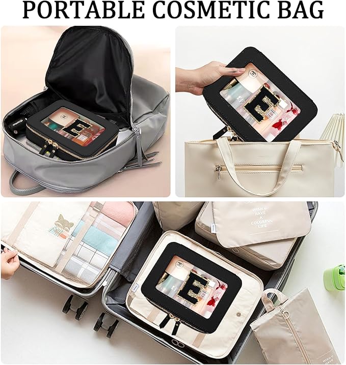 Initial Travel Toiletry Bag - Cosmetic Bags for Girls with Zipper, Clear & Potable Makeup Bag for Travel, Cosmetic Pouch Perfect Gifts for Graduation (Black, E)
