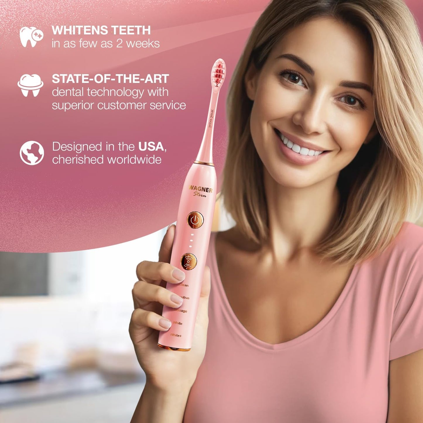 Wagner Stern WHITEN+ Edition. Whitening Electric Toothbrush with Pressure Sensor. Offers 5 Brushing Modes, 3 intensities, 8 Soft Brush Heads, and a Luxury Travel case.