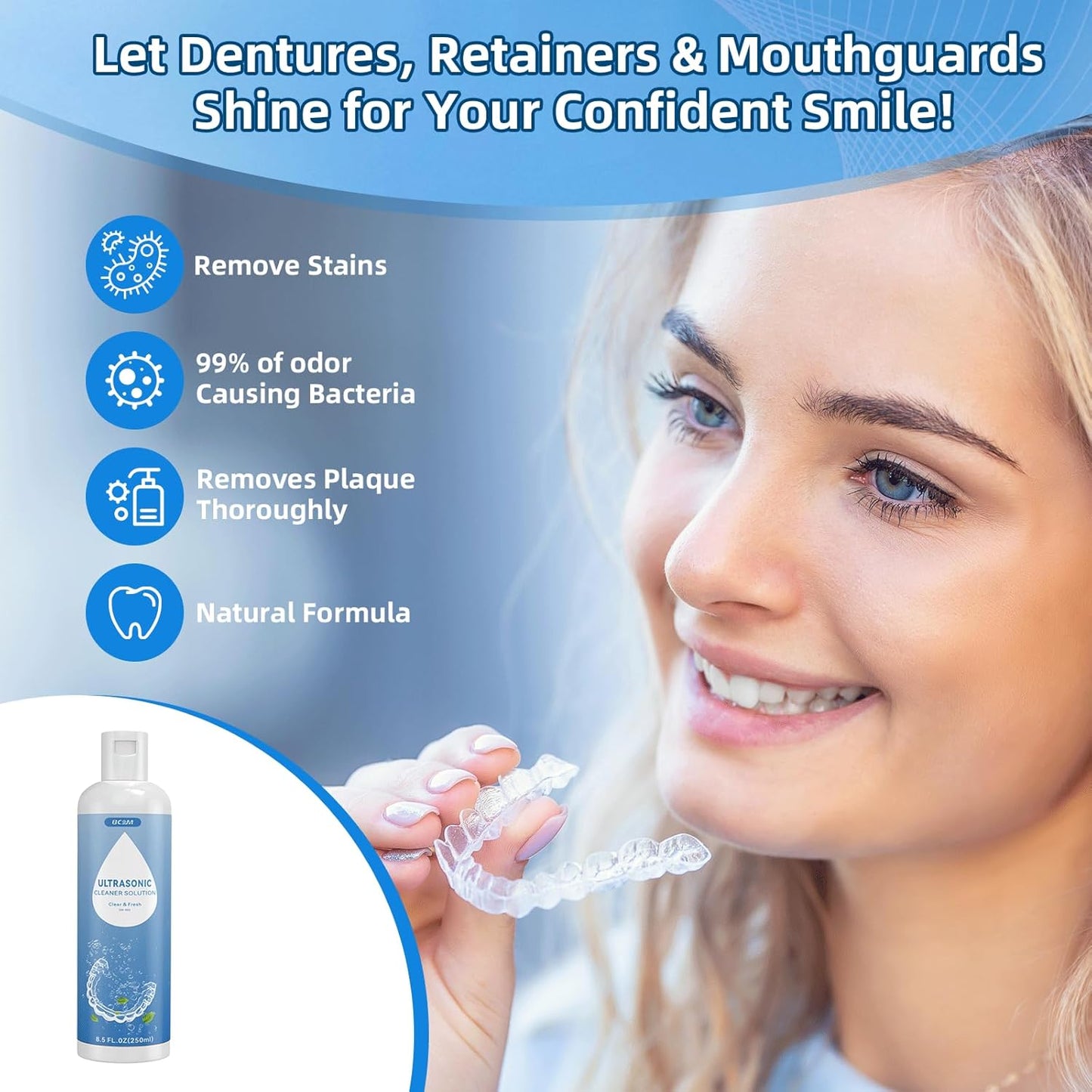 BCOM Ultrasonic Retainer Cleaner Solution, Jewelry Cleaner Solution Deep Clean for Retainer, Mouthguards, Night Guards, Aligners and Jewelry Ring, Odor Stain Remover for Cleaner 8.5 oz,2 Pack