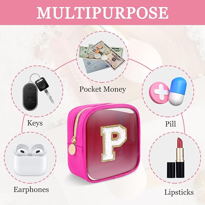 Mini Clear Personalized Initial Makeup Bag,Small Nylon Waterproof Zip Beach Cosmetic Pouch,Preppy A-Z Chenille Letter Patch Cute Coin Purse Travel Toiletry Bag Car Pack Bag for Women(Hot Pink-White P)