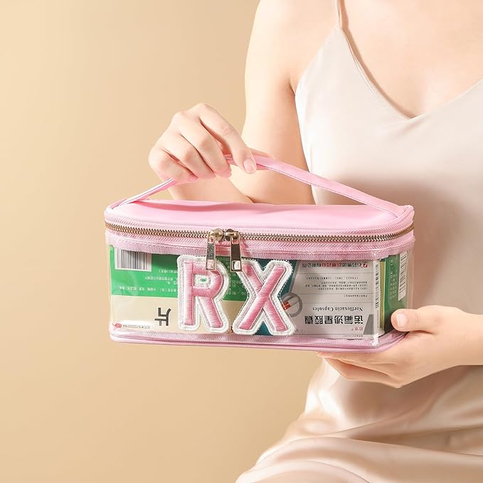 Clear Waterproof MEDS RX Makeup Bag，Transparent PVC Letter Patch medication travel case with Handle and Zipper, Portable Meds First Aid Travel Organizer Cosmetic Bag(03 Pink RX)