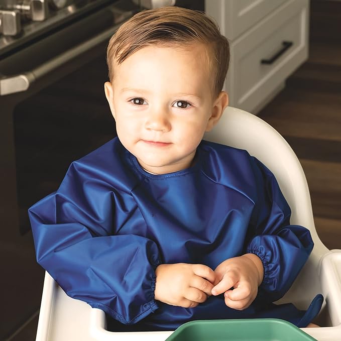 Tiny Twinkle Long Sleeve Bib for Babies & Toddlers – 2 Pack Waterproof Smock Bibs for Eating – Machine Washable & Mess-Proof, Baby Feeding Essential & Shower Must-Have (Grey Indigo,6–24M)