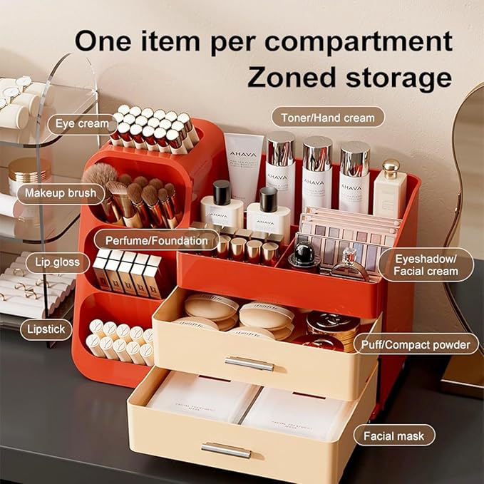 Makeup Organizer with Drawers,Large Capacity Countertop Organizer for Vanity,Bathroom and Bedroom Desk Cosmetics Organizer,Easy To Storage Skincare,Brushes,Lotions,Lipstick (Red and Cream)