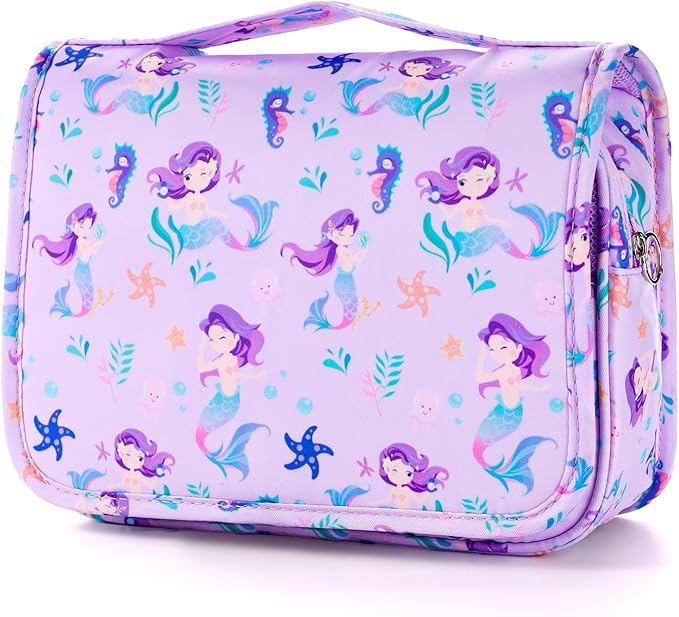Kids Hanging Toiletry Bag for Girls, Travel Toiletry Bag for Little Young Girls Cosmetic Makeup Waterproof Wash Bag Toddler Traveling Toiletries, Mermaid Purple