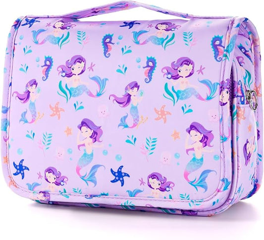 Kids Hanging Toiletry Bag for Girls, Travel Toiletry Bag for Little Young Girls Cosmetic Makeup Waterproof Wash Bag Toddler Traveling Toiletries, Mermaid Purple