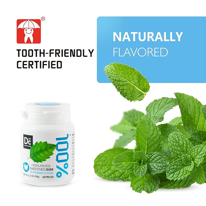 DC24 DAILY CARE 100% Xylitol Gum, No Aspartame, Sugar Free Peppermint Chewing Gum, Natural Flavors, Gluten Free, Vegan, 60 Pieces, Pack of 2