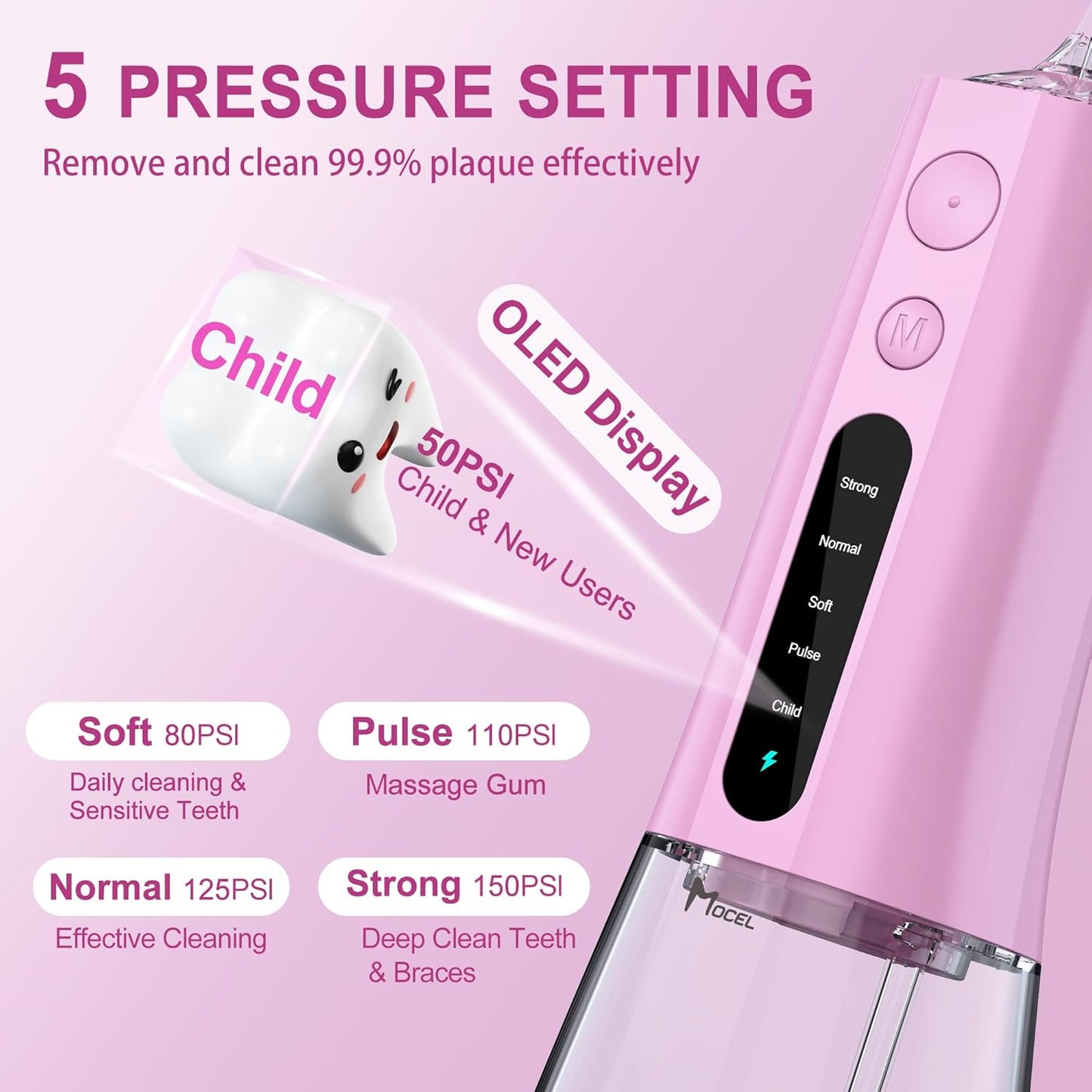 Water Dental Flosser OLED Display Cordless Teeth Cleaning MOCEL 5 Modes Oral Irrigator 300ML Portable and USB C Rechargeable IPX7 Waterproof Floss Teeth Pick (Pink)