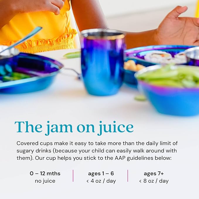 Ahimsa Stainless Steel Kids Cup, Pediatrician Designed, Colorful Toddler Cups for Open Cup Training, 8oz, 100% BPA Free & Dishwasher Safe, Single Iridescent Blue