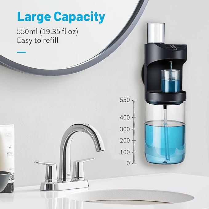 Automatic Mouthwash Dispenser, 19.35oz Touchless Electric Wall-Mounted & Countertop, Rechargeable Mouth Wash Dispensers for Bathroom with Magnetic Cups for Kids & Adults, Black