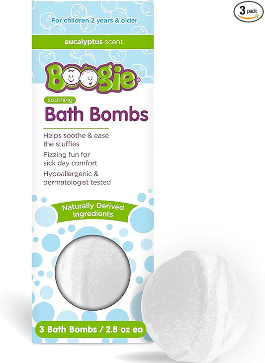 Boogie Kids Bath Bombs, Calming, Naturally Derived, Made with Aloe and Calming Vapors, Eucalyptus, 3 Bath Bombs, 2.8 oz, Pack of 1