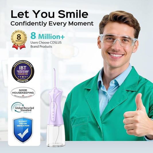 COSLUS Water Dental Flosser Pick for Teeth: 4 Modes Cordless 300ML Larger Tank Portable Water Teeth Cleaner Picks IPX7 Waterproof Flossing Machine for Home Travel Purple C30(FC5360)