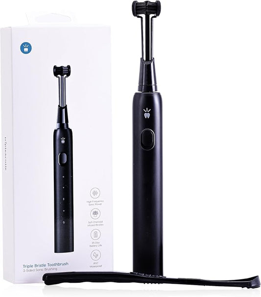 Triple Bristle Max Sonic | 3 Sided Toothbrush w/ 4 Modes | Dentist Created & Approved | Soft Charcoal Infused Nylon Bristles | Rechargeable & Waterproof