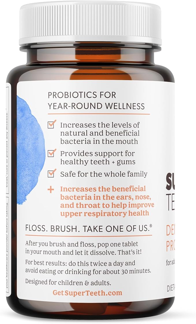 Super Teeth ENT Probiotic | BLIS K12 & M18 Probiotics | for Oral Microbiome Health & Sinus, Throat & Immune Support | 60 Natural Peach Flavored Chewable Tablets | Dental Probiotic