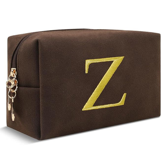Personalized Initial Makeup Bag,Preppy Suede Cosmetic Bag for Teen Girls,Small Monogram Travel Toiletry Bag With Gold Embroidered Letter,Trendy Stuff Custom Christmas Gift for Women(Coffee-Z)