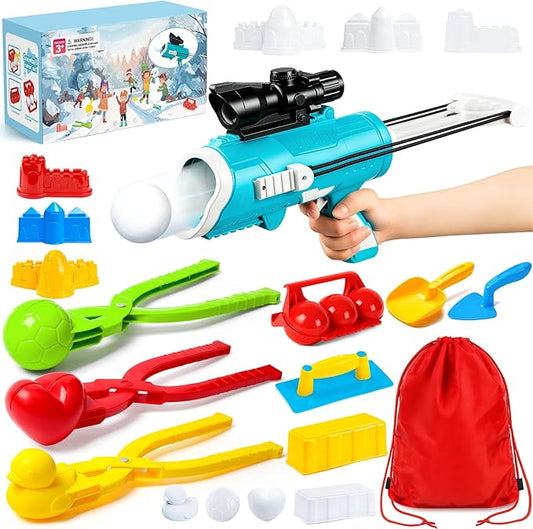 DISHIO Snowball Maker Kit, Snow Ball Maker Toys for Kids Winter Toy with Snowball Blaster Launcher, 3 Duck Shaped Clips, Molds, Snow Shovel, Carry Bag, Outdoor Snow Fight Toys for Kids and Adults