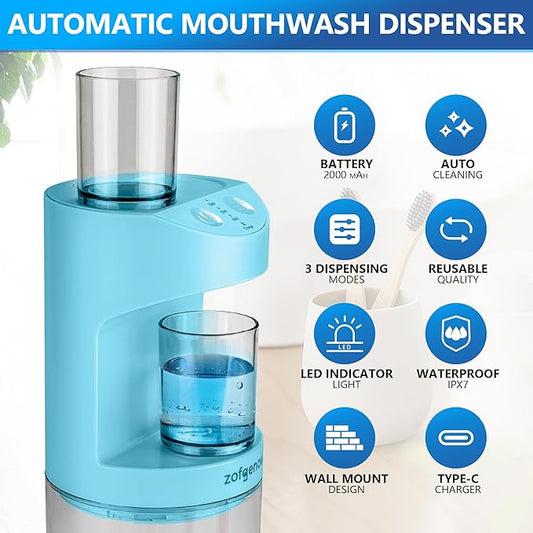 Automatic Mouthwash Dispenser for Bathroom,Bathroom Accessories 19.4 Fl Oz Dispensers with Magnetic Cups,Wall Mounted Dispenser,Suitable for All Age Groups,Blue