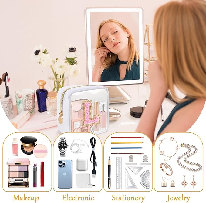 Personalized Initial Letter Clear Preppy Makeup Bag,Mini Nylon Chenille Letter Cosmetic Bag Cute Zipper Pouch Purse for Teen Girls,Portable TSA Approved Beach Travel Essentials Bag Gift for Women,L