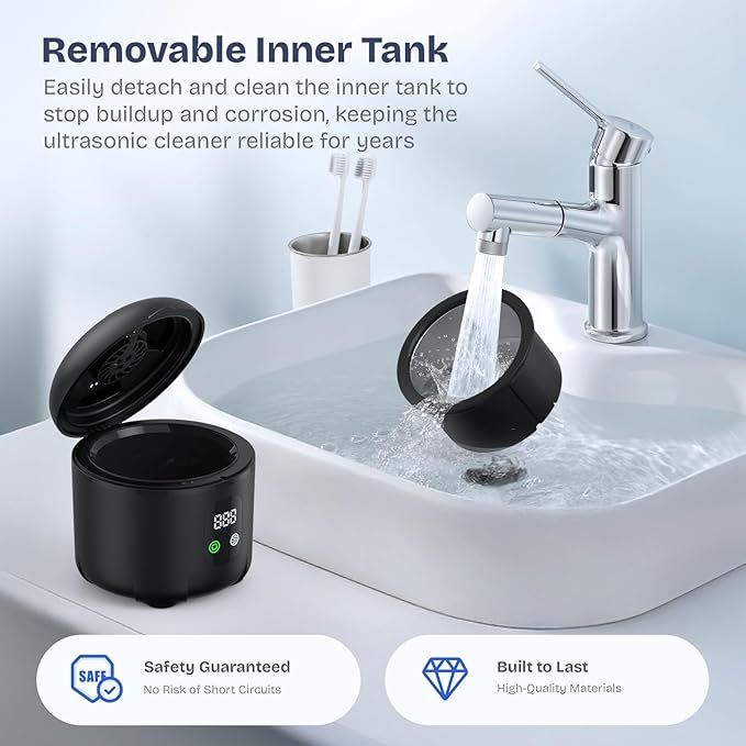 2025 Ultrasonic Retainer Cleaner- 45KHz 25W Portable Denture Cleaner with Drying Function and Removable Inner for Dentures, Mouth Guards, Aligners, Jewelry and More (Black)