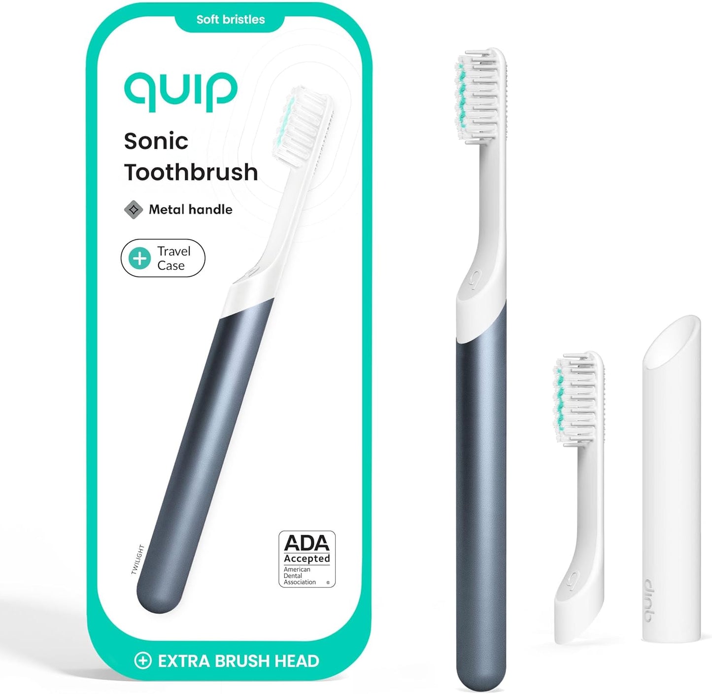 Quip Metal Sonic Electric Toothbrush for Adults - Time Travel & Soft Bristles with Travel Case & Replacement Brush Head - 3 Month Battery Life - Twilight Faded Blue