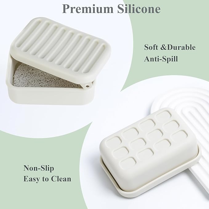 Portable Leakproof Travel Soap Case, Silicone Travel Soap Case, Compact Soap Holder with Drainage Layer, Travel Soap Holder for Camping, Gym, Outdoor (Rice-White)