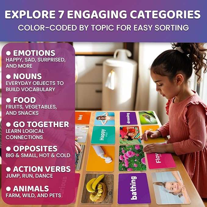 QUOKKA 364 Flash Cards for Kids Adults - Real-Life Large Preschool Flash Cards for Speech Therapy, ABA Therapy, ESL Teaching, Early Childhood Education, 7 Vocabulary Building Categories with Emotions