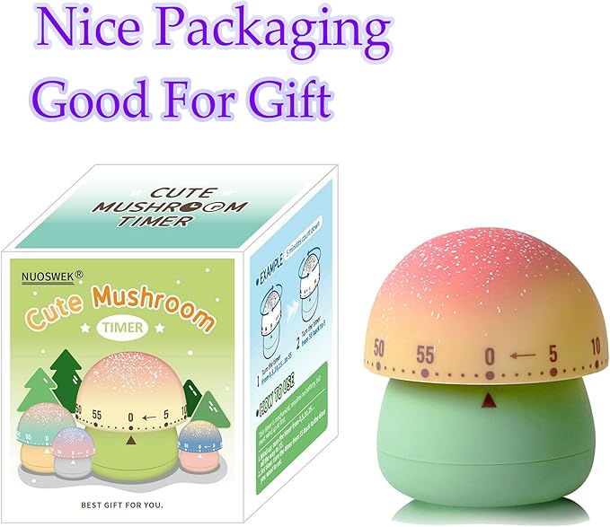 Mechanical Kitchen Timer, Cute Mushroom Timers for Kids, Wind Up 60 Minutes Manual Countdown Timer for Classroom, Home, Study and Cooking (Green Base)