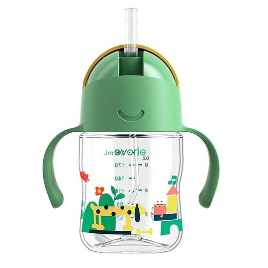 Evorie Tritan Weighted Straw Sippy Cup with Handles for Baby and Toddlers, Spill Proof Baby Water Bottle with Straw for 6 months and up, 7 Oz, Infant Training Water Bottle (Green Explore)