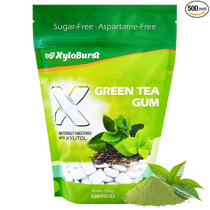 XyloBurst Gum | Xylitol Chewing Gum | Sugar Free, Gluten Free, Keto Friendly | Aspartame Free Gum For Oral Health | Green Tea | 500-Count Bag