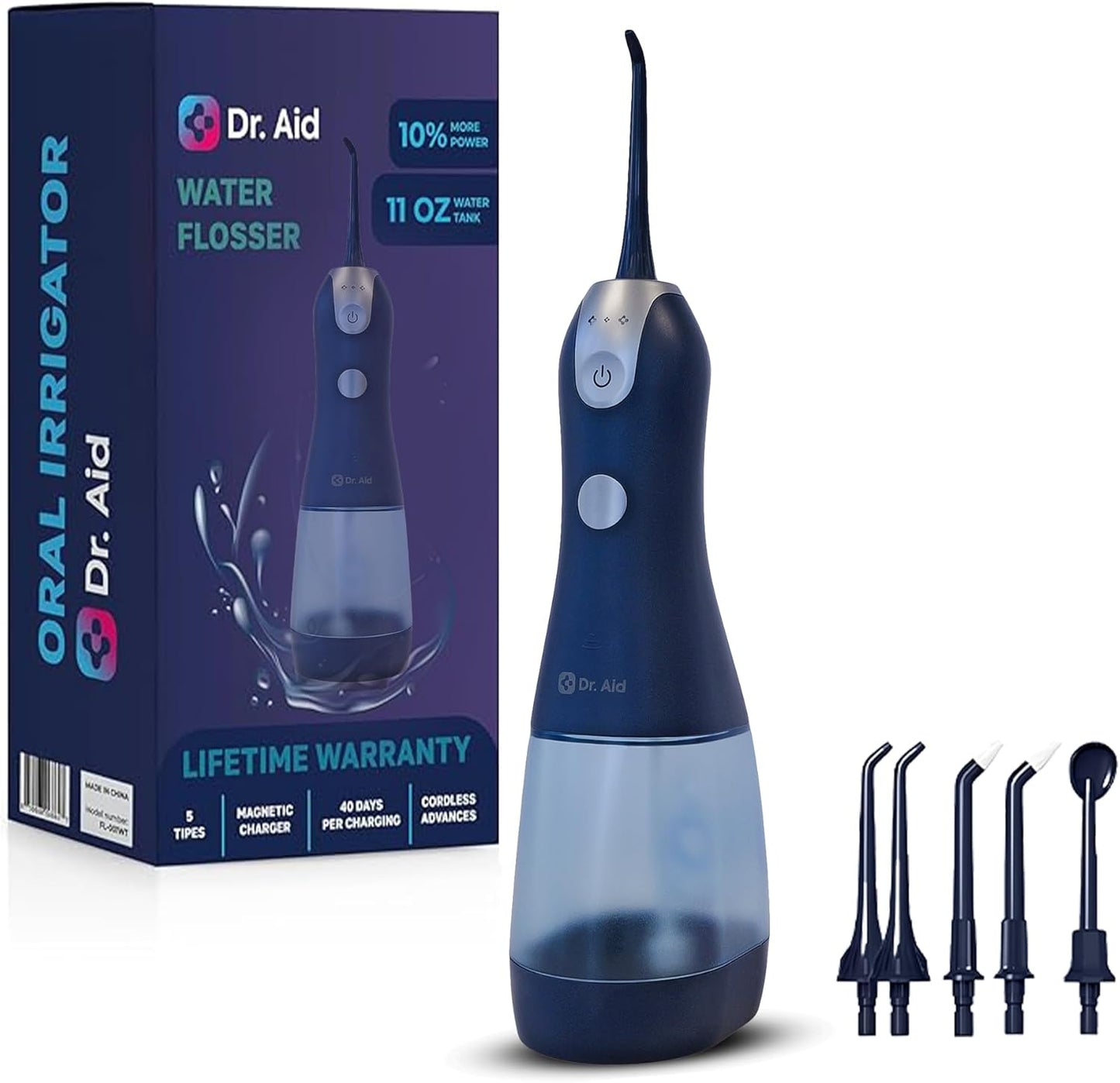 Dr. Aid Dental Water Flosser – Portable Oral Irrigator – 11Oz Tank, Water Filter, 5 Tips, Magnetic Charger – IPX8 Waterproof Cordless Water Flosser, Ideal Water Flossers for Teeth, Gums (Dark Blue)