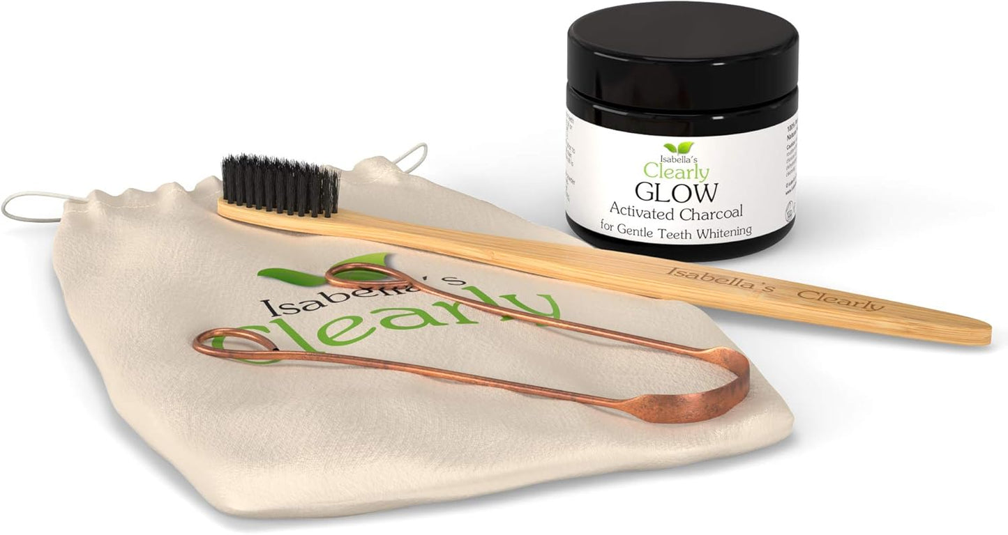 Glow Teeth Whitening Kit (4 Piece) | Pure Food Grade Activated Charcoal Powder + Bamboo Ultra Soft Toothbrush + Copper Tongue Cleaner + Eco Canvas Gift Bag