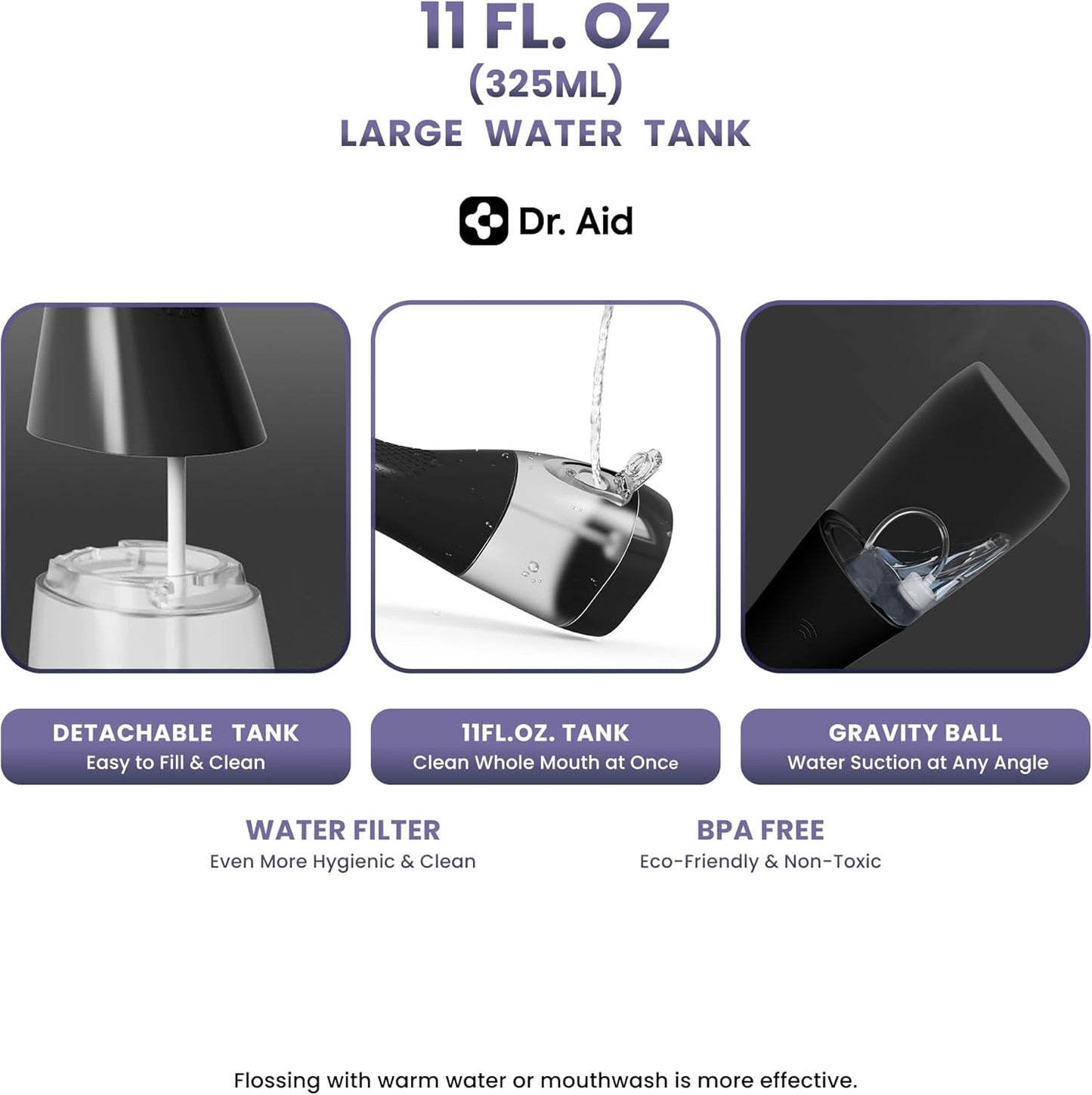 Dr. Aid Dental Water Flosser – Portable Oral Irrigator – 11Oz Tank, Water Filter, 5 Tips, Magnetic Charger – IPX8 Waterproof Cordless Water Flosser, Ideal Water Flossers for Teeth, Gums, Braces, Black