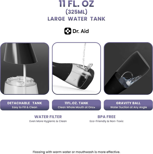 Dr. Aid Dental Water Flosser – Portable Oral Irrigator – 11Oz Tank, Water Filter, 5 Tips, Magnetic Charger – IPX8 Waterproof Cordless Water Flosser, Ideal Water Flossers for Teeth, Gums, Braces, Black