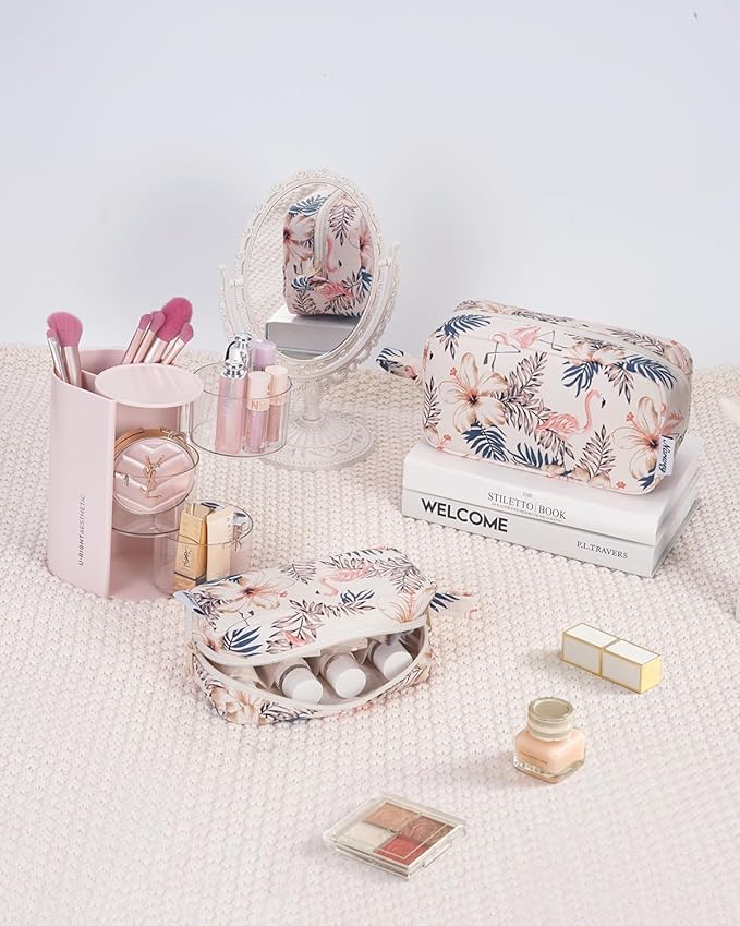 Narwey Cute Makeup Bag Small Toiletry Bag Travel Cosmetic Bag Organizer Make Up Bags with Organized Pockets for Women (Beige Flamingo, Large)