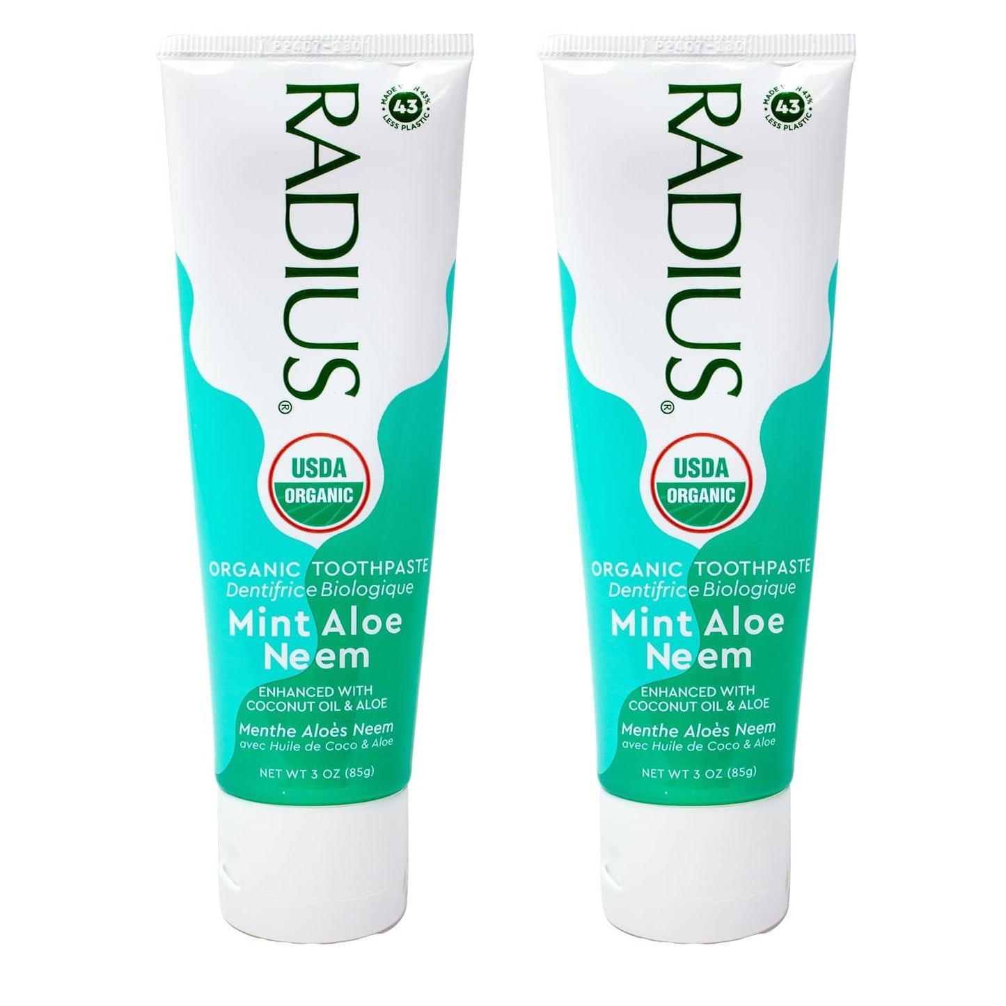 RADIUS USDA Organic Toothpaste 3oz Non Toxic Chemical-Free Gluten-Free Designed to Improve Gum Health & Prevent Cavity - Mint Aloe Neem - Pack of 2