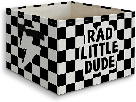 Rad Little Dude Boy Basket Foldable Storage Bins Box with Handles, Black and White Checkered Collapsible Organizer Basket for Kids Boys Bedroom Bathroom Nursery Playroom Clothes Toys Books